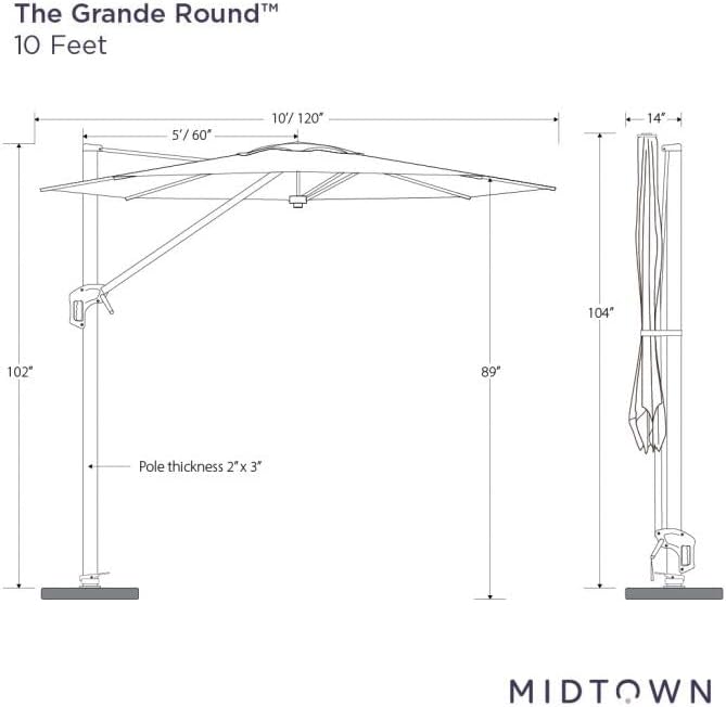 Midtown Umbrellas 10 Ft Outdoor Cantilever Patio Umbrella w/Terylast Charcoal Grey Fabric - Rotate 360° Offset Patio Umbrella, Deck Patio Umbrella, Backyard Umbrella & Garden Umbrella - Silver Frame