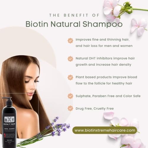 Biotin X Treme Hair Natural Shampoo for Hair Loss & Thinning Hair - Color-Safe, DHT Blocker, Sulfate-Free, Paraben-Free - For Men & Women - Promotes Hair Growth, Strengthens, and Thickens - 16 oz
