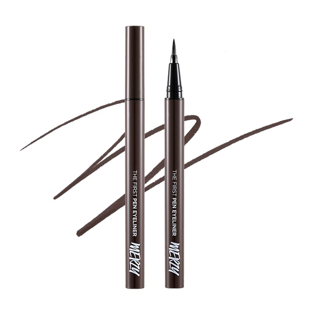 MERZY The First Pen Liquid Eyeliner – Waterproof, Smudge-Resistant, High-Pigment Brush Tip Eyeliner – Long-Lasting Precision | (P2, Dark Brown, Brownie)