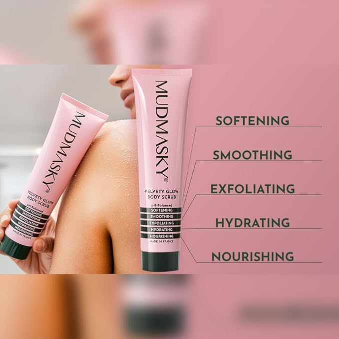 Mudmasky Velvety Glow Body Scrub 6.0 OZ. XXL-size - AS SEEN IN YOUR IPSY GLAM BAG - Exfoliating Bamboo Scrub. Made in France. No harsh chemicals. For Soft, Radiant Skin.
