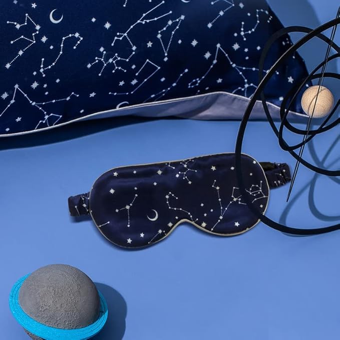 THXSILK Sleep Mask 100% 19 Momme Pure Mulberry Silk Super Smooth Cooling Decorative Sleep Eye Mask Blackout Eye Cover with Wide Head Strap, Constellation-Navy