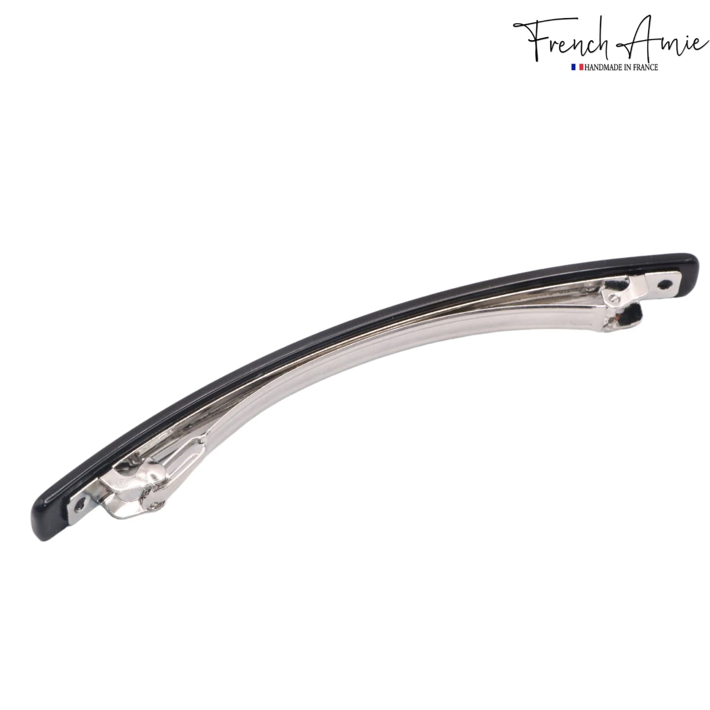 French Amie Long and Thin Large 4" Celluloid Handmade No Slip Durable Hair Barrette Clip for Women, Made in France (Black Nycra)