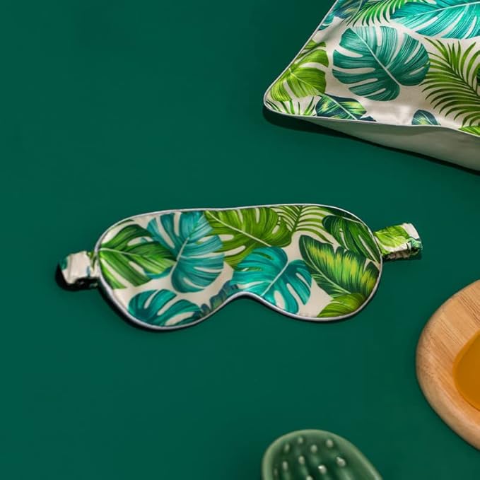 THXSILK Sleep Mask 100% 19 Momme Pure Mulberry Silk Super Smooth Cooling Decorative Sleep Eye Mask Blackout Eye Cover with Wide Head Strap, Monstera-Green