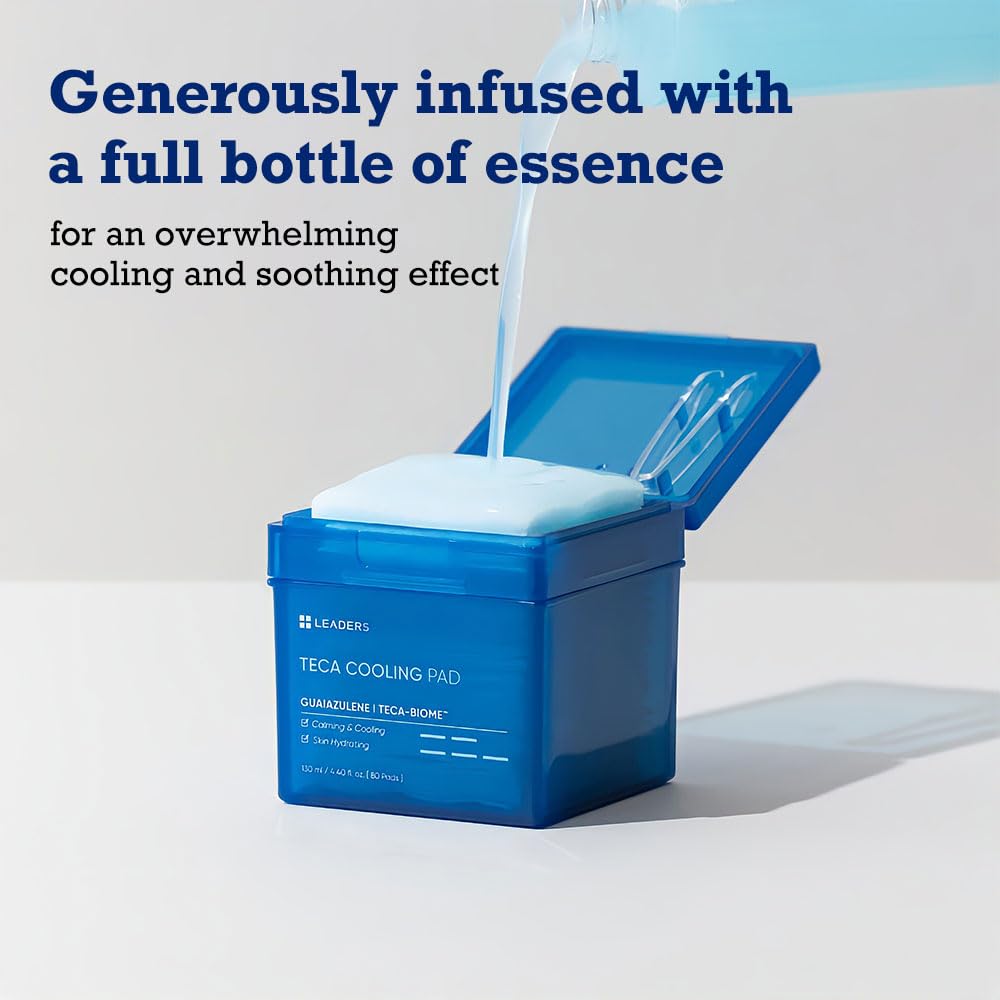 LEADERS Teca Cooling Toner Pad - Instant Relief for Dry, Overheated Skin | Vegan-Certified | Clinically Proven Efficacy | Korean Skincare 80 Pads x 130ml