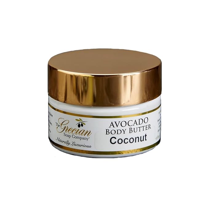 Grecian Avocado Body Butter in Coconut - Natural and Organic Body Cream for Dry Skin, Organic Body Butter for Women with Avocado Oil and Glycerin, 4 oz.