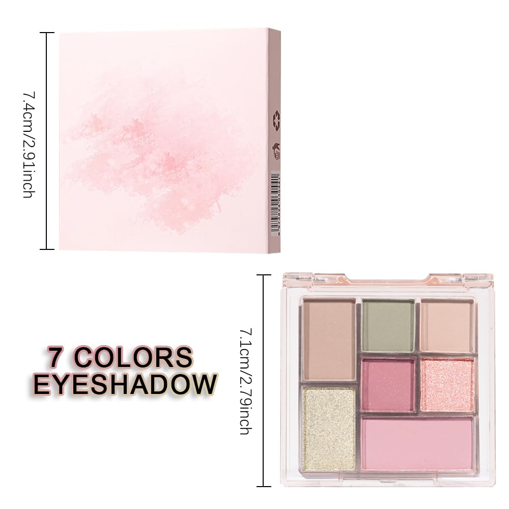 Nude Pink 7Colors Eyeshadow Makeup Palette with Mirror,Green Natural Neutral Eye Shadow Palettes for Older Women,Long Lasting Naturing-Looking,Lightweight,Waterproof,Eye Makeup Kit Travel Size,Vegan