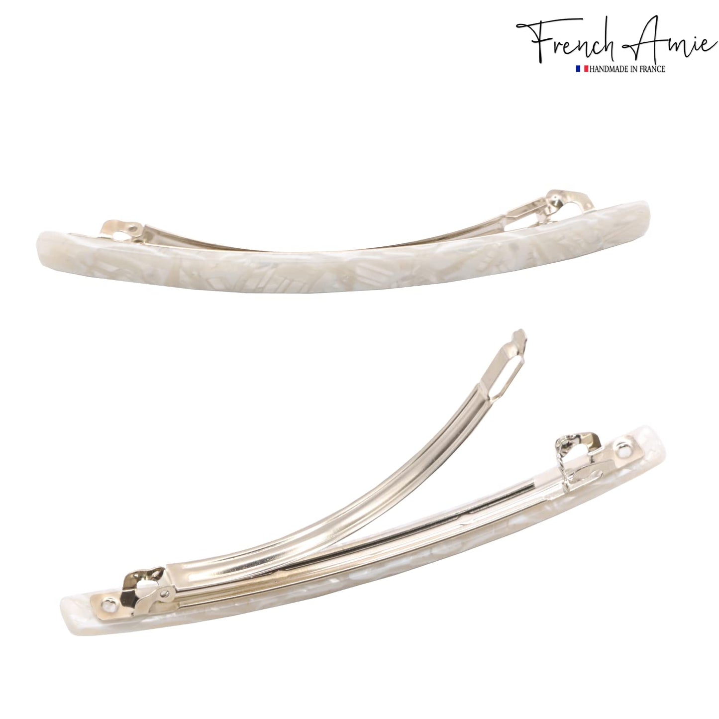 French Amie Long and Thin Frost White Large 4” Handmade Celluloid Automatic Hair Clip Barrette for Women and Girls (Frost White)