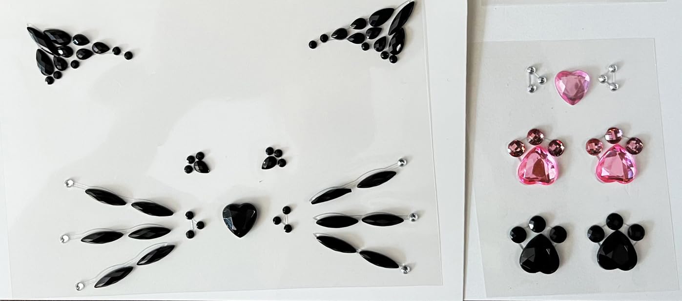 Crystal Cat Face Gems, Pink Cat Print Jewels, Black Face Jewels, Fake Cat Lash Gems Tattoo Stick on Eye for Men Women Kids Halloween Prank Makeup Costume