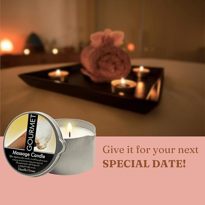 GOURMET COLLECTION Massage Oil Candle Vanilla Cream Scent - Vegan Moisturizing Massage Oil - Ideal Massage Oil for Massage Therapy, Luxurious Body Oil Experience 6.76oz