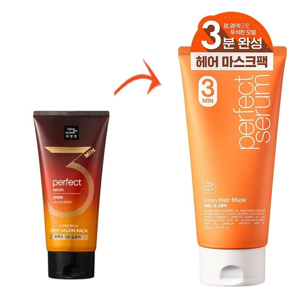 Mise En Scene 3 Min Korean Hair Mask - Perfect Serum Super Rich 3 Min Salon Pack - Strengthening and Hydrating, Korean HairCare, Hair Balm Texture 10.14 Fl Oz.