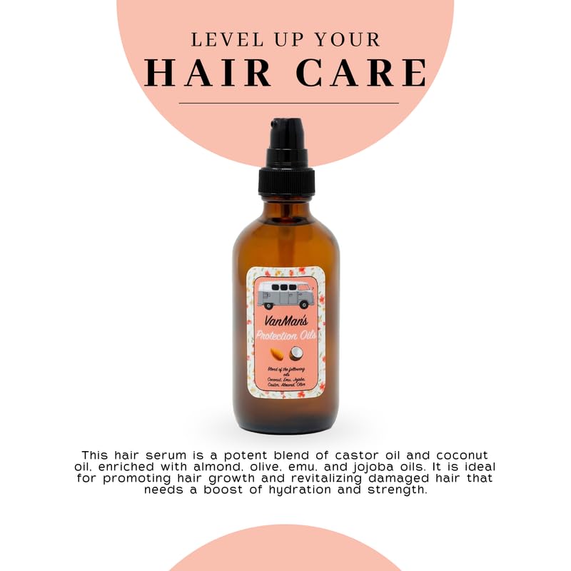 Vanman - Protection Oil Hair Serum For Hair Growth - Infused with Castor, Jojoba, Almond, Olive, Emu, Coconut Oil - Fragrance-Free Hair Growth Serum - Hair Serum For Dry Hair & Frizzy Hair - 1.1 Ounce