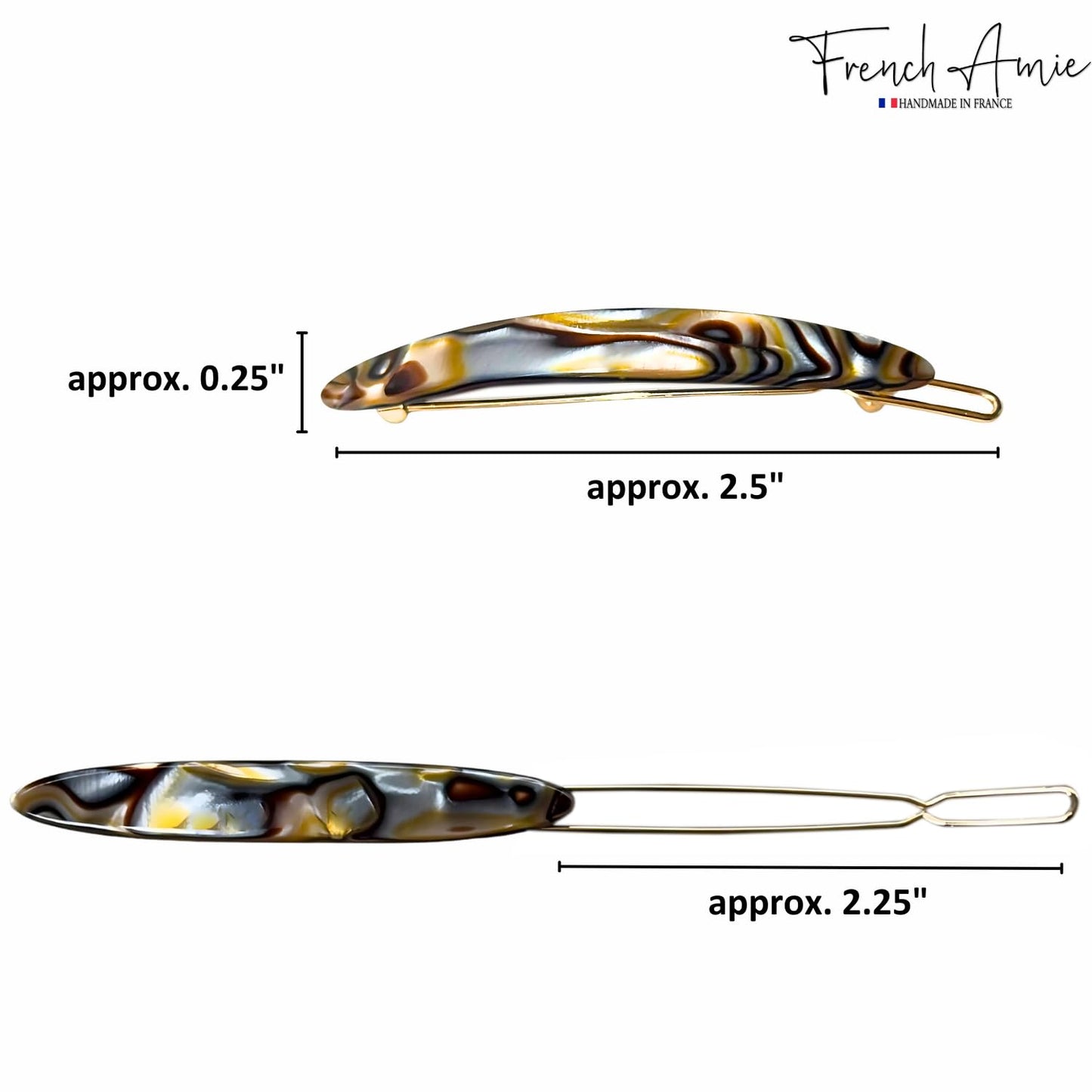 French Amie Narrow Oblong Small 2 1/4" Celluloid Acetate Set of 2 Side Slide In Hair Clip Barrettes with Tige Boule Clasp for Girls and Women, Made in France (Onyx Silver Grey)