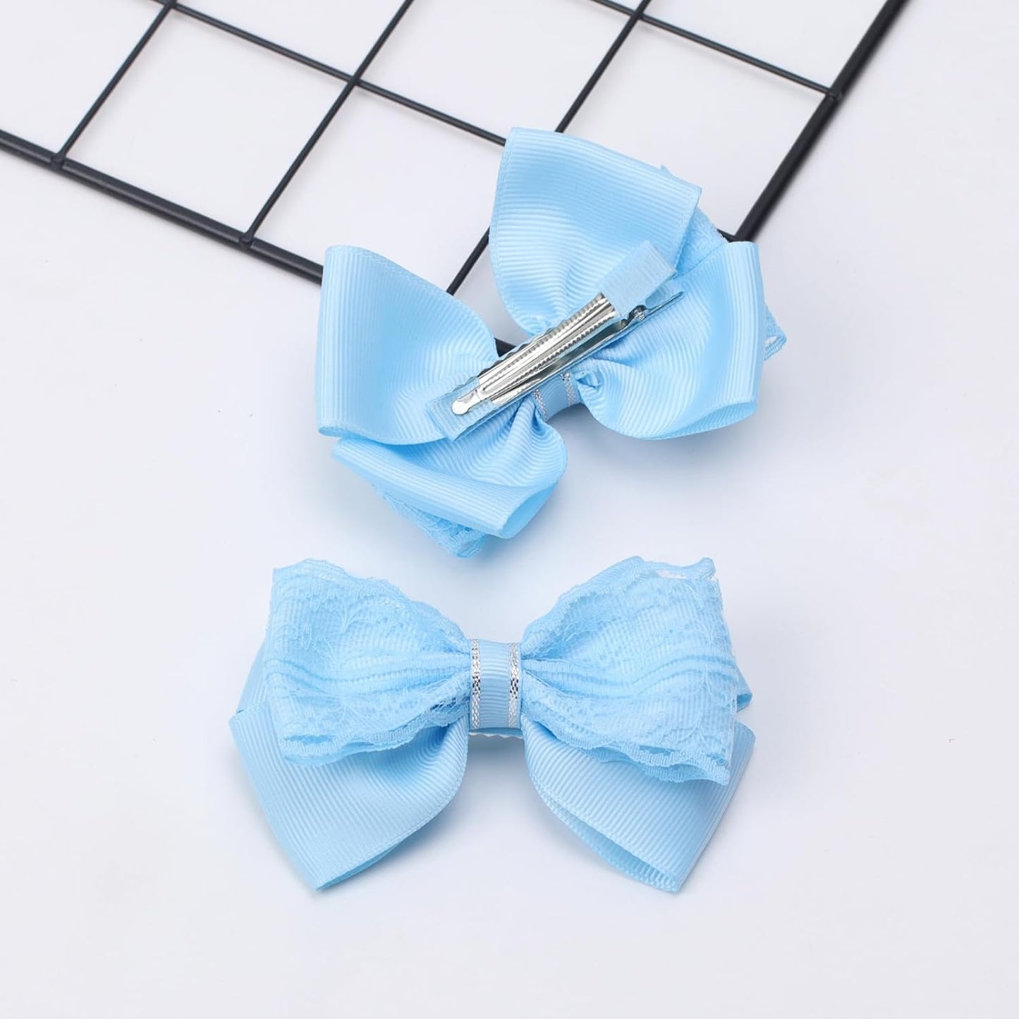 4-Inch Hair Bows Alligator Clips Delicate Lace Hair Accessories for Girls, Toddler, Kids and Women Daily Dress Up Birthday Wedding Christmas Occasions- Set of 2 (Blue)