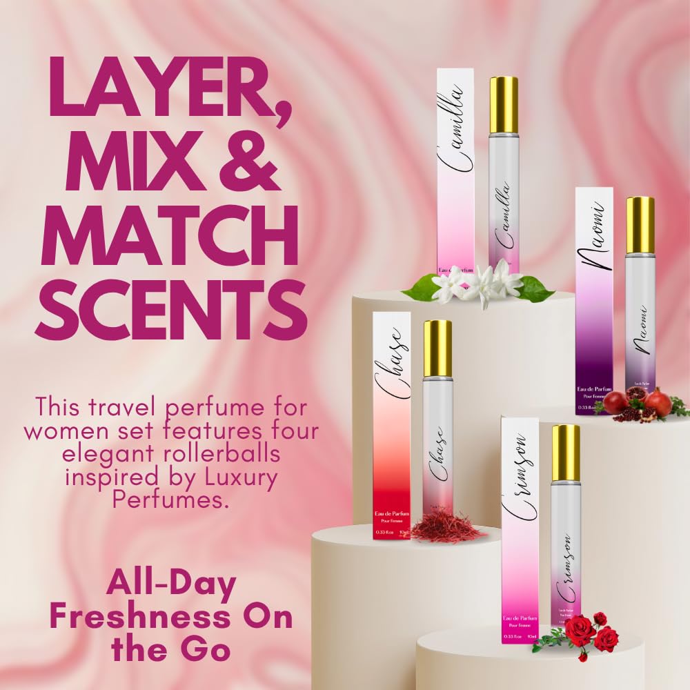Rollerball Perfume Set for Women – INSPIRED by A WORLD RENOWNED WOMEN'S PERFUME – Jasmine, Musk, Yuzu, Vanilla – Sweet, Elegant, Floral, Long-Lasting Eau De Parfum (0.33fl oz/10ml) x4