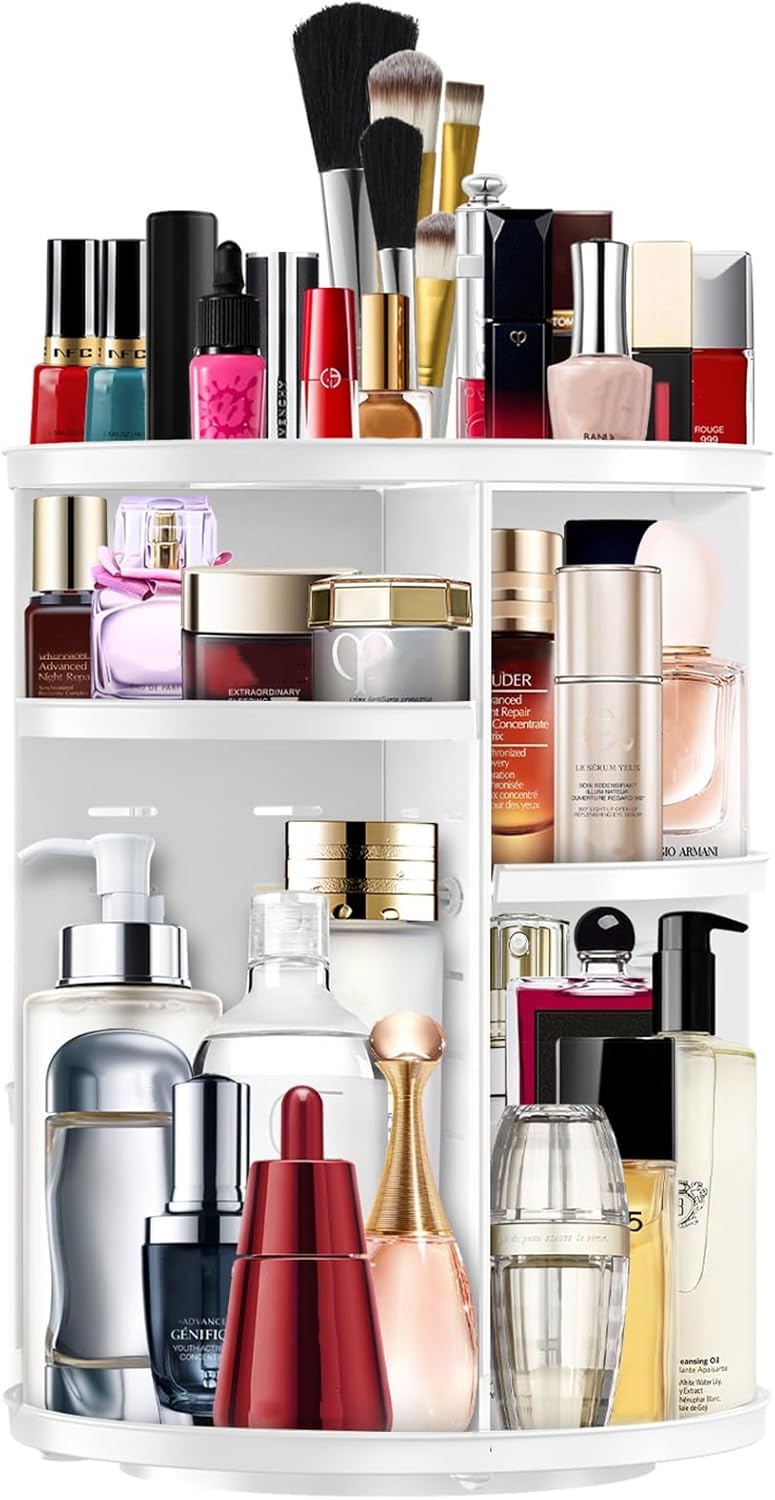 Makeup Organizer 360 Rotating Cosmetic Organizer DIY Adjustable Makeup Carousel Spinning Holder Rack, Large Capacity Cosmetic Storage Box Makeup Brushes Organizer for Vanity Countertop (White)