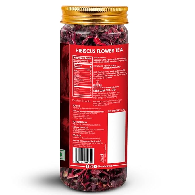 BLUE TEA - Hibiscus Tea - 1.76 Oz - Pack of 2 (100 Cups) Loose | SKIN GLOW ENHANCING TEA | Herbal Tea - Flower Based - Non-Bitter - Caffeine Free - Tangy Flavour - Vegan | Reusable Pet Jar