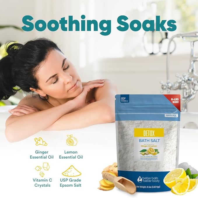 Detox Bath Salt 128 Ounces Epsom Salt with Natural Ginger and Lemon Essential Oils Plus Vitamin C in BPA Free Pouch with Easy Press-Lock Seal