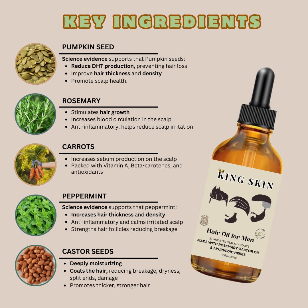 King Skin Hair Oil, Natural Strengthening Serum with Rosemary & Castor Oil, Hair Growth Treatment for Men, 4 fl oz