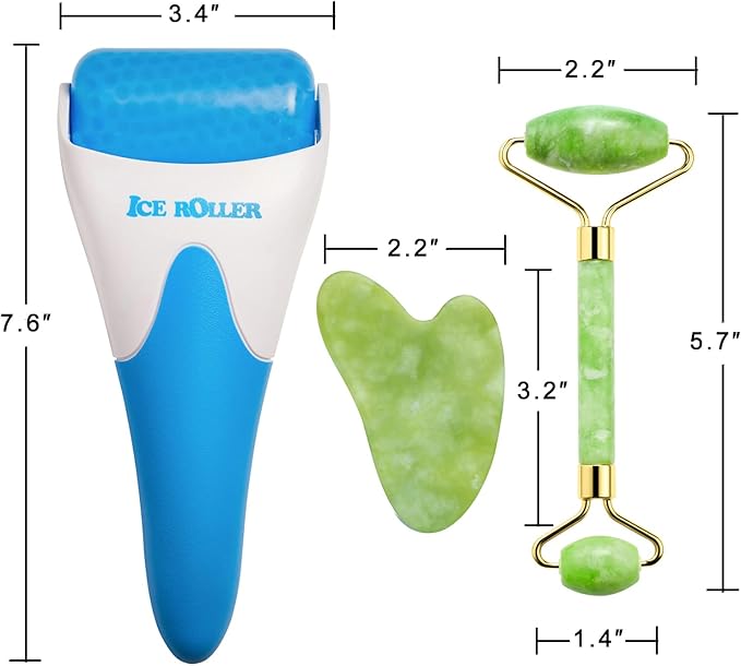 3-in-1 Natural Stone Jade Roller and Gua Sha Set for Face and Eye Ice Roller Facial Cooling Massage Roller