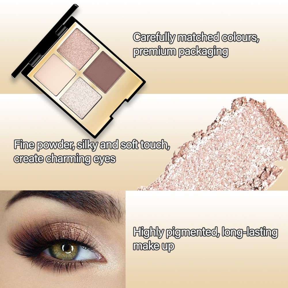 Eyeshadow Quad Makeup Palette – 4 Shades of Nude, Silver, Brown, Champagne Gold Tones, Blendable Matte & Shimmer, Long-Lasting Waterproof, Perfect for Mature & Young Women, with Built-In Mirror 04#
