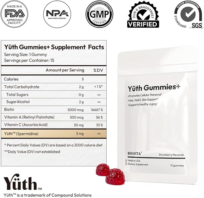BIGVITA Yuth Gummies + | Spermidine Gummies for Hair Growth, Skin & Nails | High-Purity Spermidine Supplement for Cellular Renewal & Anti-Aging | Collagen Support with Vitamin C & Vitamin A