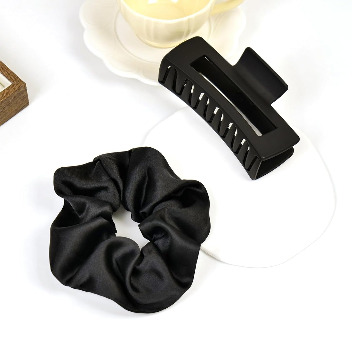 8pcs Black Hair Accessories Set – Square Hair Clips for Women, Satin Hair Scrunchies for Thick Thin Hair, Non-Slip Matte Hair Claws, Birthday Gift