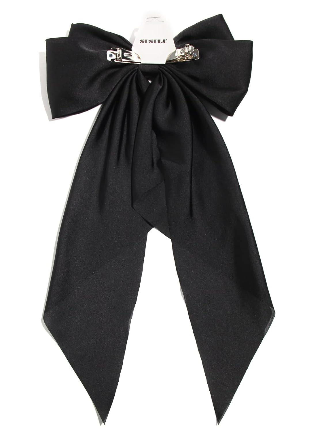 SUSULU Women's Satin Silk Bow Hair Accessories - Metal Clips with Long Tail Ribbon Hairpins and Ponytail Barrettes (2pcs, Burgundy Black)