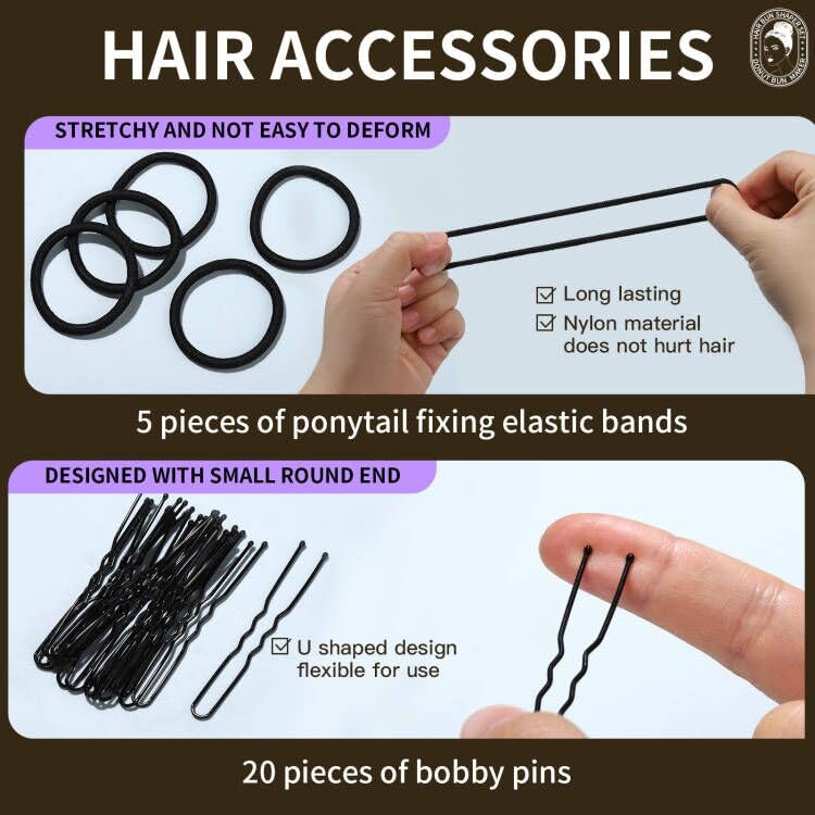 Teenitor Hair Bun Maker Set, 7 Pieces Bun Donuts for Hair(1 Extra-Large, 2 Large, 2 Medium, 2 Small), 5 Elastic Bands, 20 Hair Pins, Gold