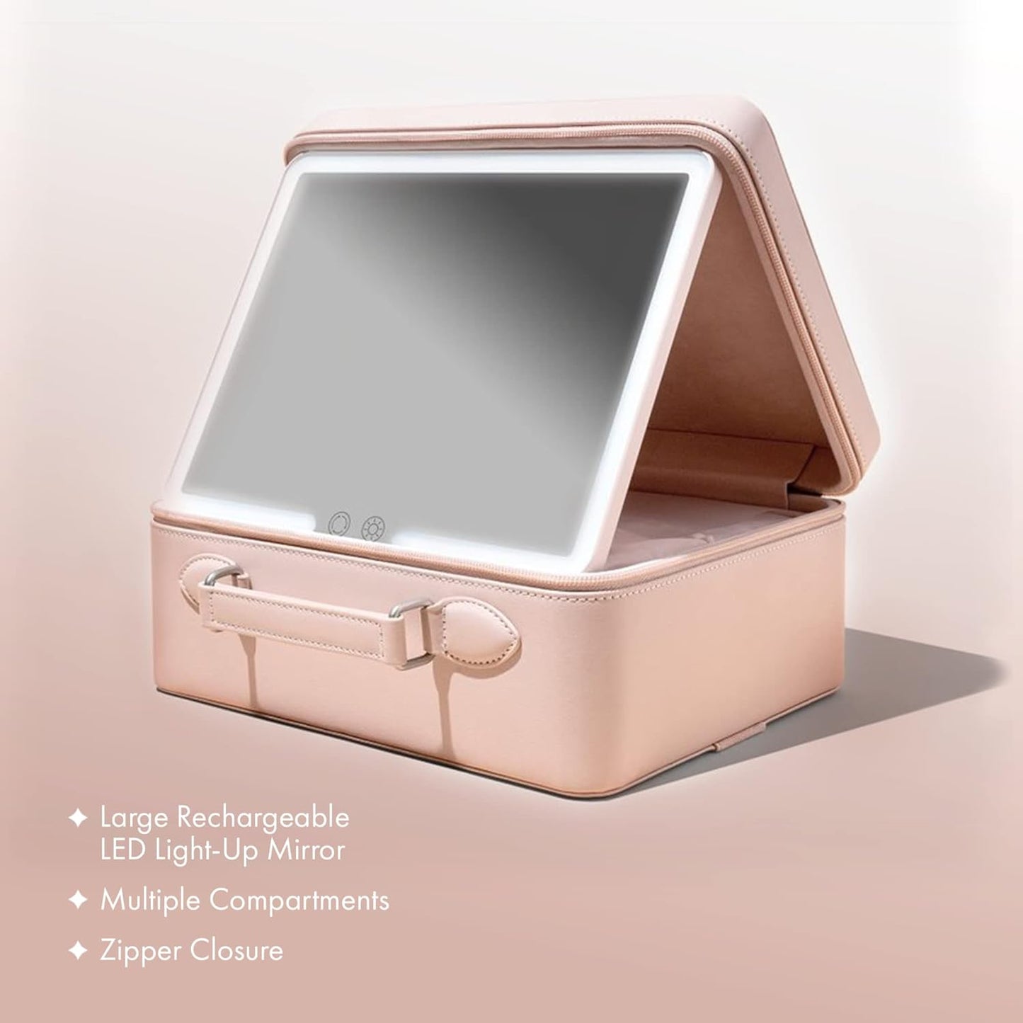 Vanity Planet Travel Makeup Bag, Baia (Nude) - Hard Shell Storage Organizer with Large LED Lighted Mirror - Store, Organize & Travel - Beauty Cosmetics & Toiletry Essentials - Customized Compartments