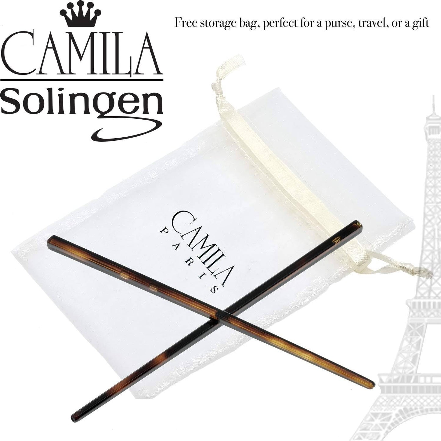 Camila Paris AD28/2 French Twist Stick Hair Pin, Set of 2 Tortoise Shell, Girls Chopsticks Hair Pins for Girls Spiral Updo Chignon Bun Holder, Styling Hair Accessories for Women, Made in France