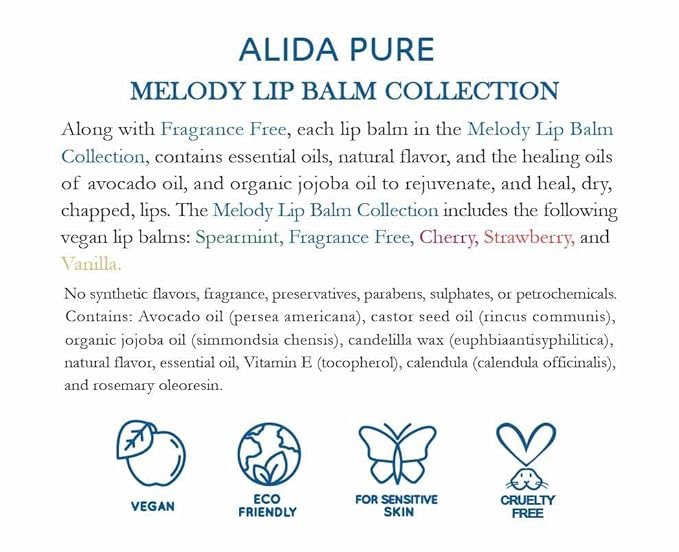 Melody Lip Balm Collection, Vegan Lip Balm Set, Beeswax Free, with Avocado Oil, Organic Jojoba Oil, and Vitamin E, Natural Moisturizer for Dry, Chapped Lips, 5 Tube Set