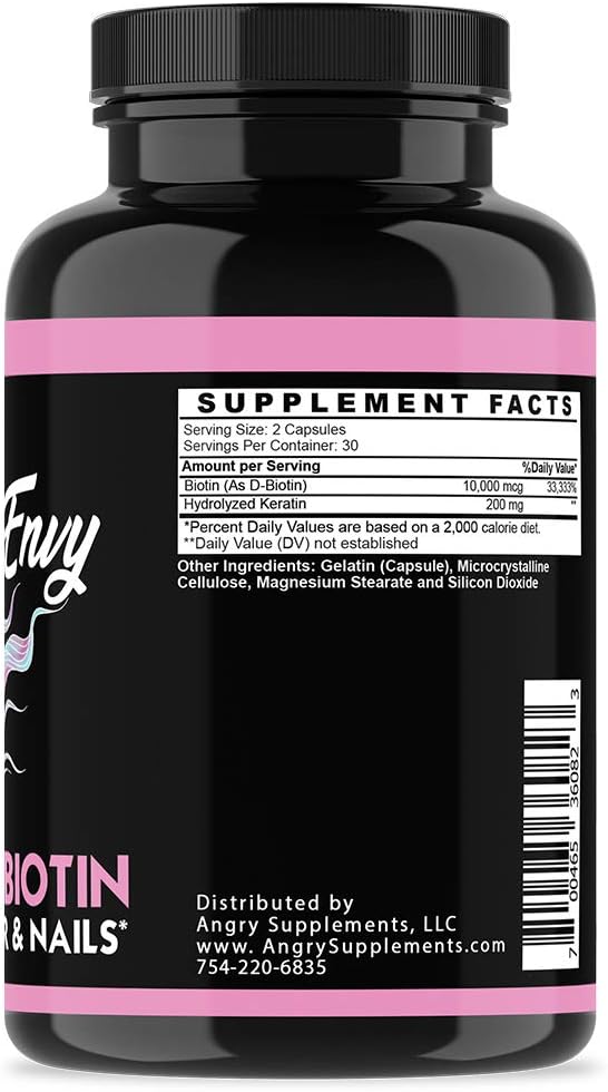 Angry Supplements Hair Envy 10,000 mcg Biotin + Keratin, Grow + Hydrate Hair, Strengthen Thicken Nails, Clear & Nourish Skin – Help Damaged Thinning Hair, (3-Bottles)