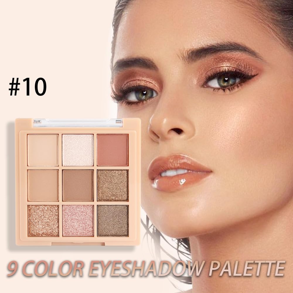 9Colors Nude Champagne Gold Rose Brown Colorful Glitter Eyeshadow Palette Makeup,Korean Natural Neutral Rainbow Eyeshadow Palettes Naturing-Looking Long Lasting Waterproof Blendable