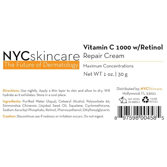 Vitamin C w/Retinol 1,000 Cream for Face | w/Jojoba Oil, Squalane & Antioxidants | Professional Quality | May Help Smooth Appearance of Fine Lines & Wrinkles, Brightens Complexion 1oz