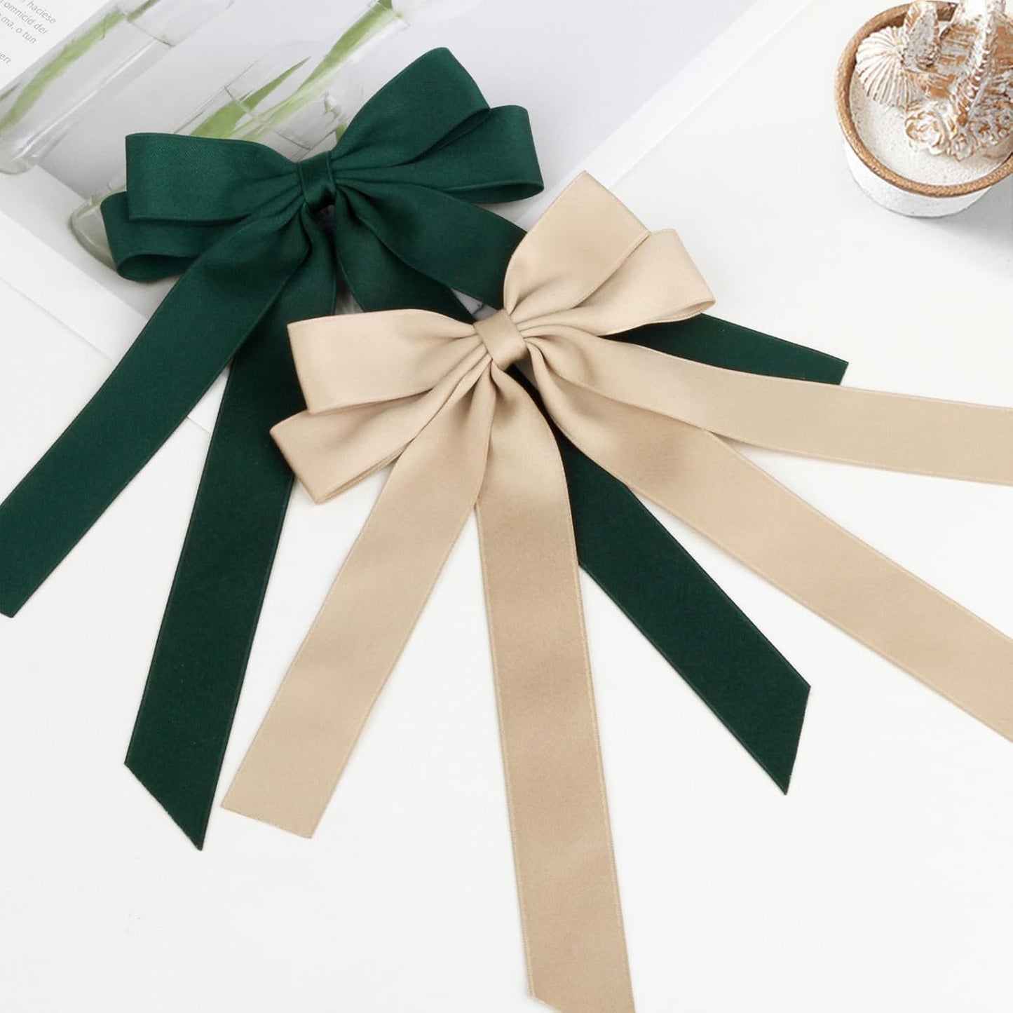 Bow Hair Clips 2PCS Set for Women and Girls - Black White Ribbon Bows for Hair, with Long Tail, Alligator Clip (Green & Khaki)