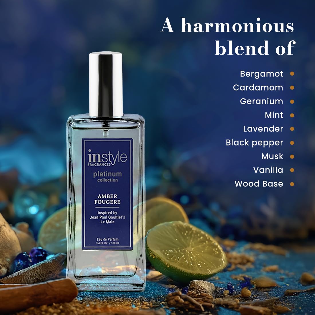 InStyle Fragrances, Platinum Collection, Amber Fougere, Inspired by Jean Paul Gaultier’s Le Male, Men’s Eau de Parfum, CLEAN, Vegan, Paraben-Free, Never Tested on Animals, 3.4 Fluid Ounces