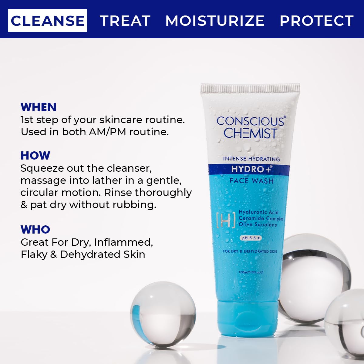 Conscious Chemist® Hydro+ Gentle Face Wash for Dry Skin | 100ml | Hydrating Facial Cleanser with Hyaluronic Acid, Ceramides & Ginseng | For Smooths & Softens Skin, Non Comedogenic | Men & Women