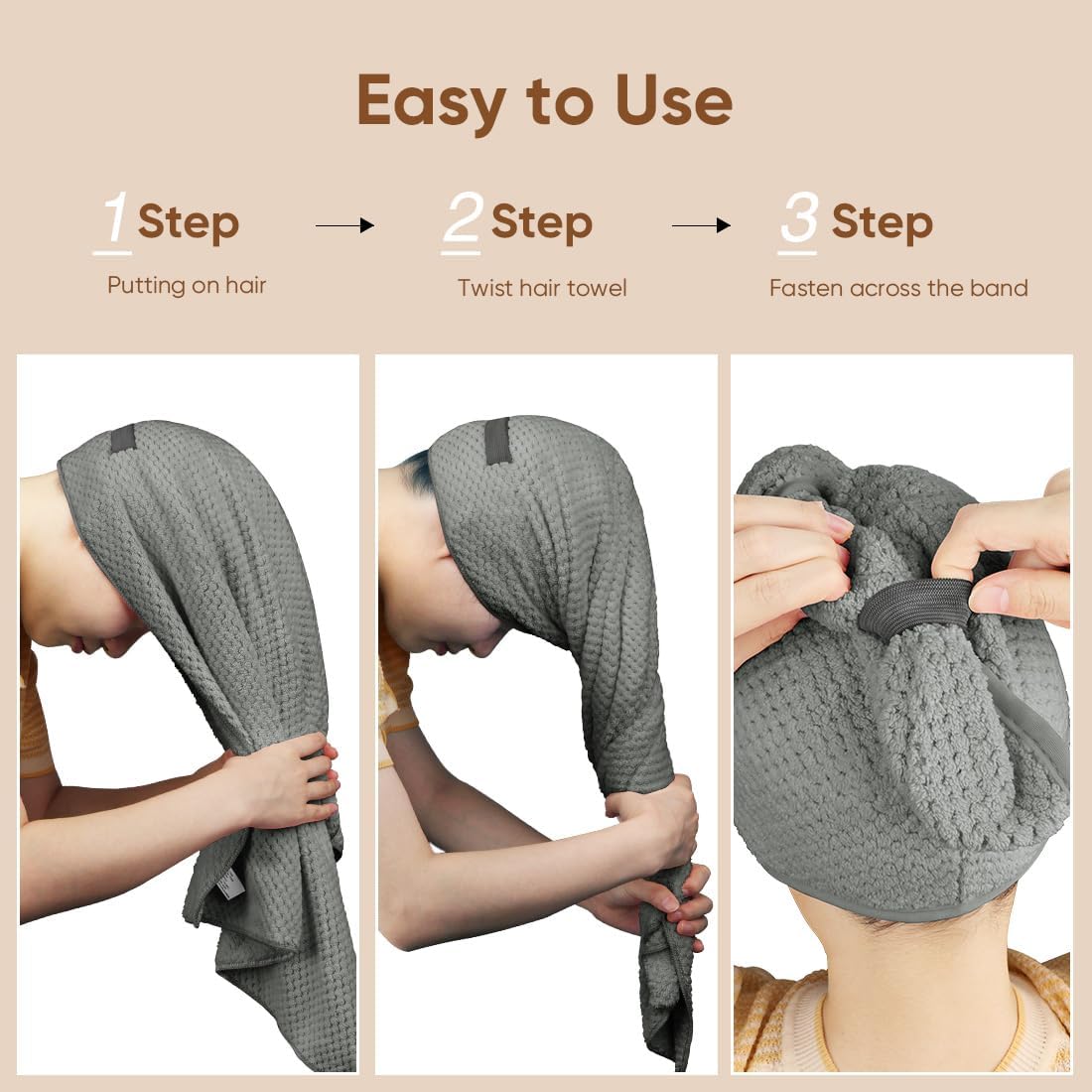 HOMEXCEL 5 Pack Large Microfiber Hair Towel Wrap for Women, Grey- 40 x 20 inches Super Soft, Fast Drying Turbans for Long, Thick, Curly Hair - Anti Frizz Wrap with Elastic Strap