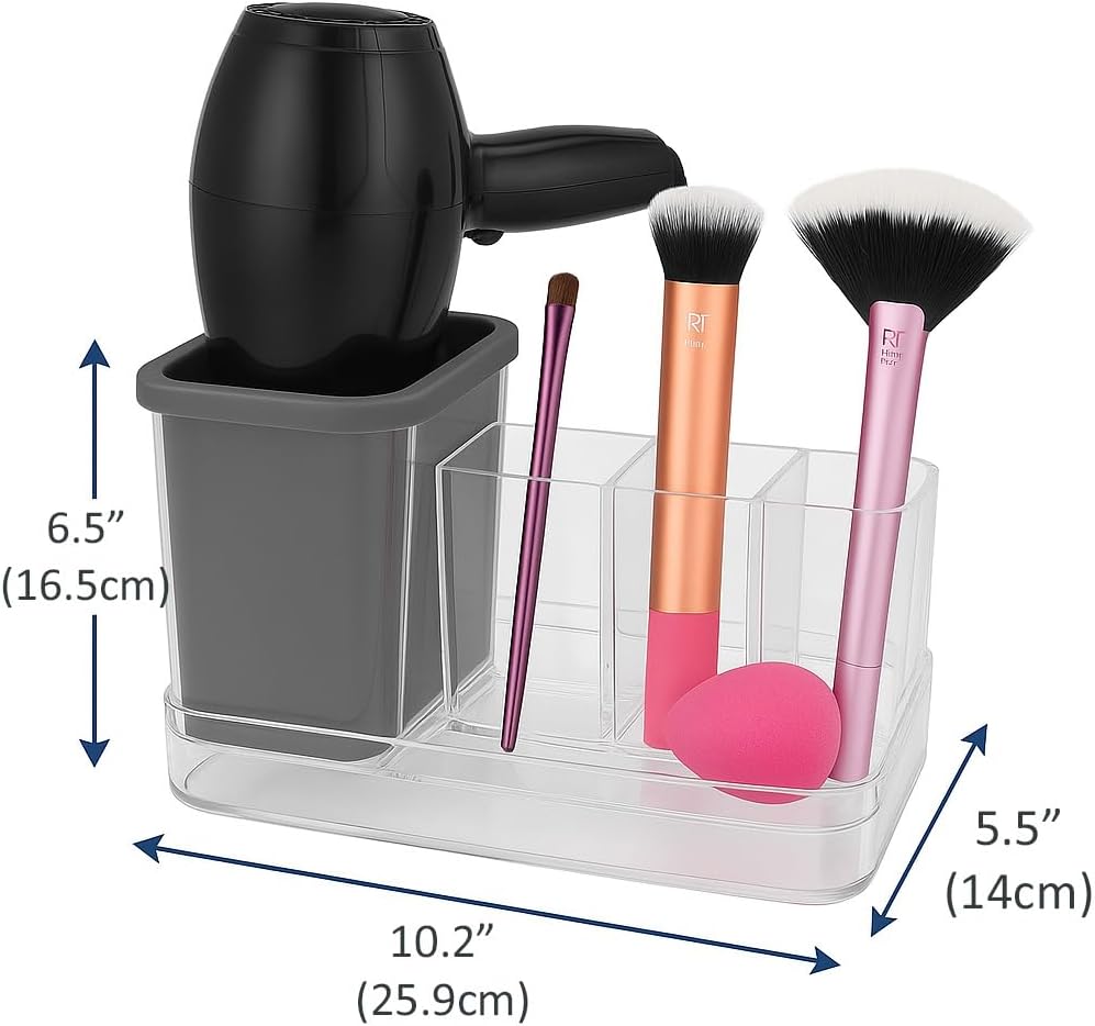 OnDisplay Hair Tool & Makeup Organizer with Silicone-Lined Compartment – Bathroom Counter Storage for Hair Dryer, Brushes, Sponges & Cosmetics – Clear Acrylic Vanity Holder with Removable Tray