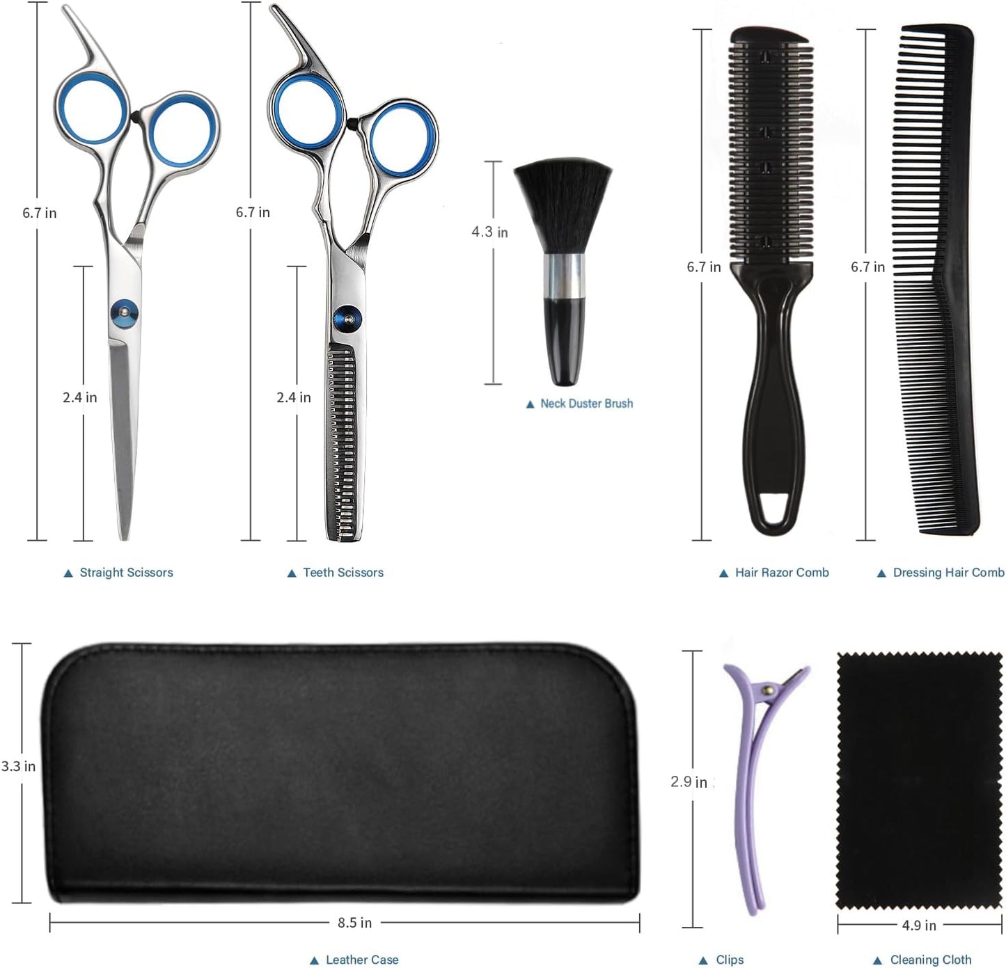 Haircut Scissors Kit, 11 Pcs Professional Set - Haircut, Thinning Scissors, Neck Duster Brush, Comb, Barber Cape, Hair Clips, Hairdressing Shears for Barber and Home