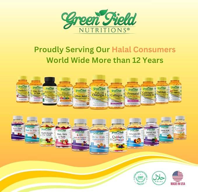 Greenfield Nutritions - Halal Biotin Gummies Vitamin for Hair, Skin and Nails, Supports Fat Metabolism, Hair Growth, Strong Nails & Clear Skin, Gelatin Free, Non-GMO, and Gluten Free - 90 Gummies