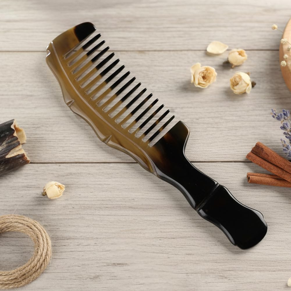 Natural Buffalo Horn Hair Comb, 8 Inch Wide Tooth, Handmade Detangling Comb with Handle for All Hair Types