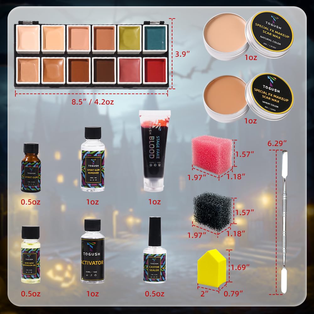 Halloween Makeup Special Effects SFX Makeup Kit 12 Colors FX Palette Face Body Painting with Fake Blood,Scar Wax,Spirit Gum,Castor Sealerm,Extension Oil,for Clown makeup,Zombie
