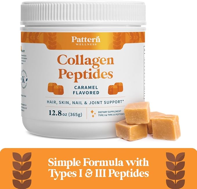 Pattern Wellness Collagen Peptides Powder (Type I & III) - Hair, Nails, Skin and Joint Health - Grass Fed & Pasture Raised - Hydrolyzed Collagen, Non-GMO, Dairy Free, & Keto - Caramel (13 Oz)