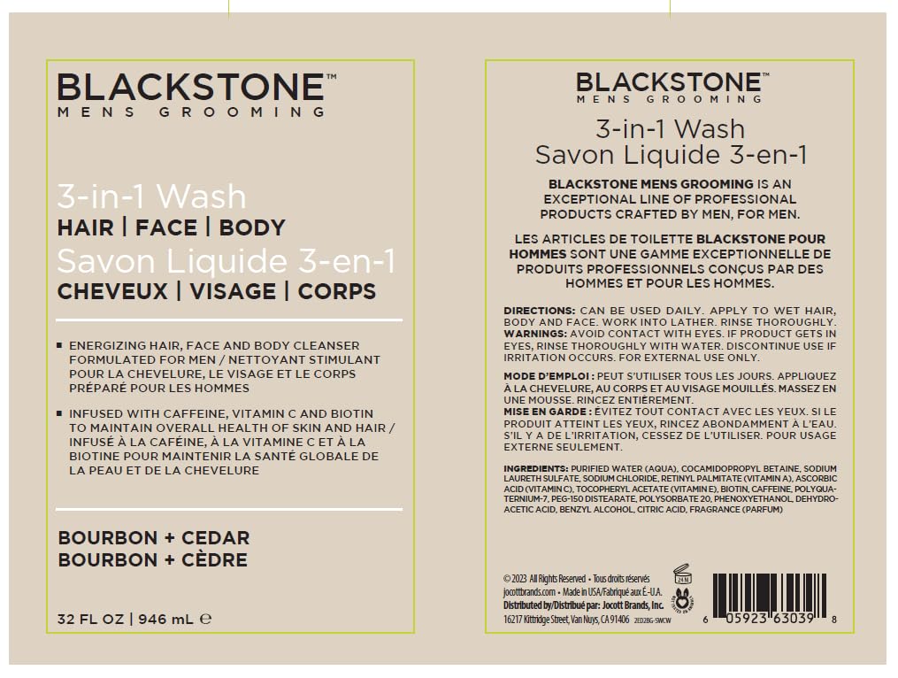 Blackstone 3-in-1 Wash for Men | Cleanses & Conditions Hair, Body, & Face | For All Skin & Hair Types | With Caffeine, Vitamin C, Hemp Seed Oil & Biotin - Bourbon & Cedar, 32 fl oz