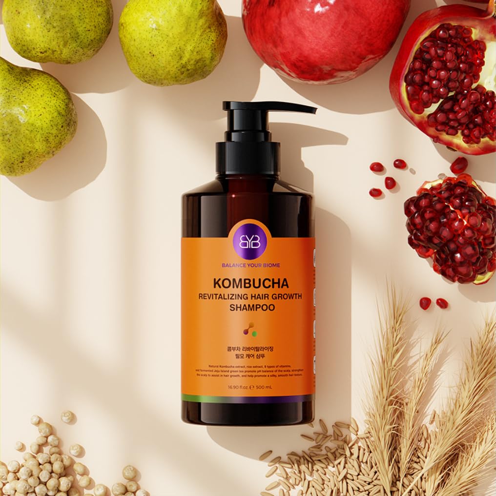 BALANCE YOUR BIOME Kombucha Revitalizing Hair Growth Shampoo,K-Beauty,Scalp pH Balance, for Hair Loss, Fermented Kombucha Extract, Rice, Green Tea, 9 types of Vitamins,16.9 fl.oz.500ml,No Silicone