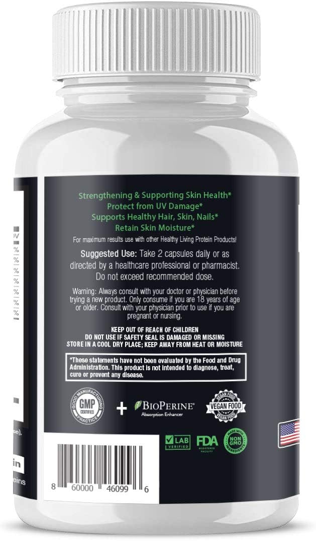 Healthy Living Proteins | Vegan Collagen Booster | Helps Support & Boost Collagen in Your System for Healthy Hair, Skin, Nails | Vegan, Vegetarian, Keto, Paleo, Gluten Free | Capsules (60 Count)