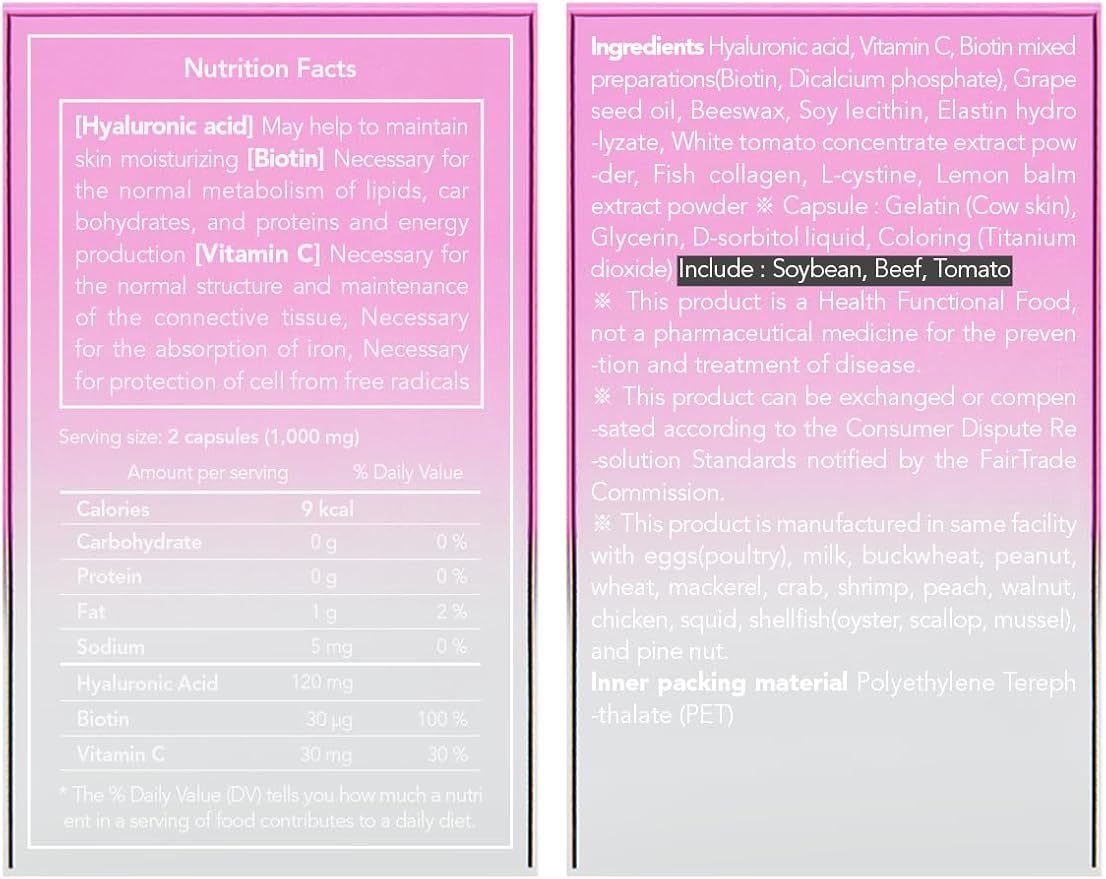 Hanskin Hyaluronic Acid Supplements for Hair, Skin, Wrinkles & Nails | L-Cysteine, Biotin, Vitamin C, Collagen | Nutritional Supplement for Healthy Skin | 60 Capsules