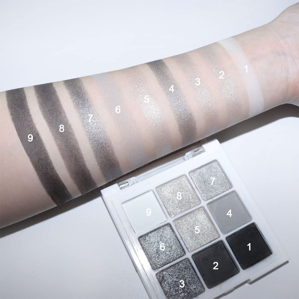 evpct 9 Colors Silver Gray Glitter Eyeshadow Palette, Black Smokey Grey and Silver White Sparkle Glitter Shimmer Shiny Eye Shadow Palette Makeup for older Women, High Pigment Eyeshadow Sombra de ojos