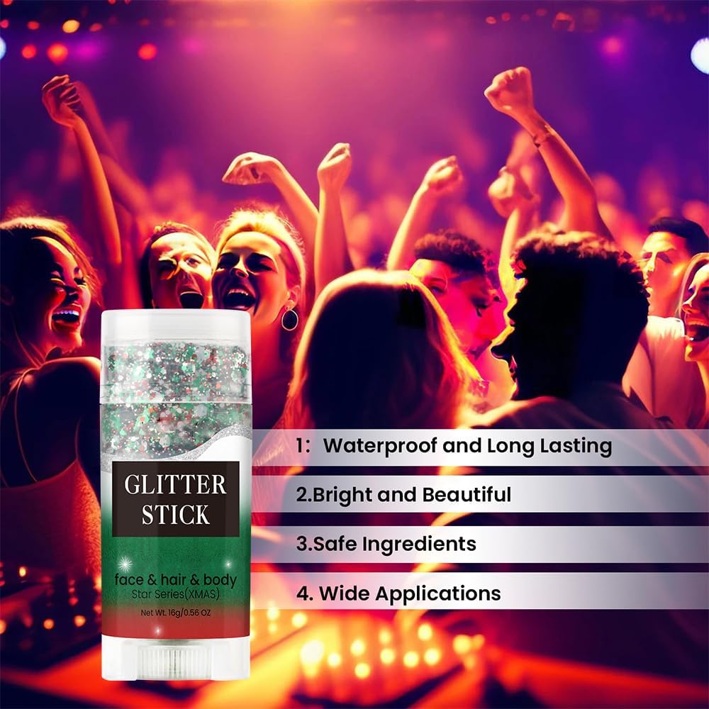Christmas Body and Face Glitter Stick, Holographic Sparkling Neon Outfit Singer Concert Music Rave Festival Accessories Hair Glitter Gel Makeup. (Red &Green & White)